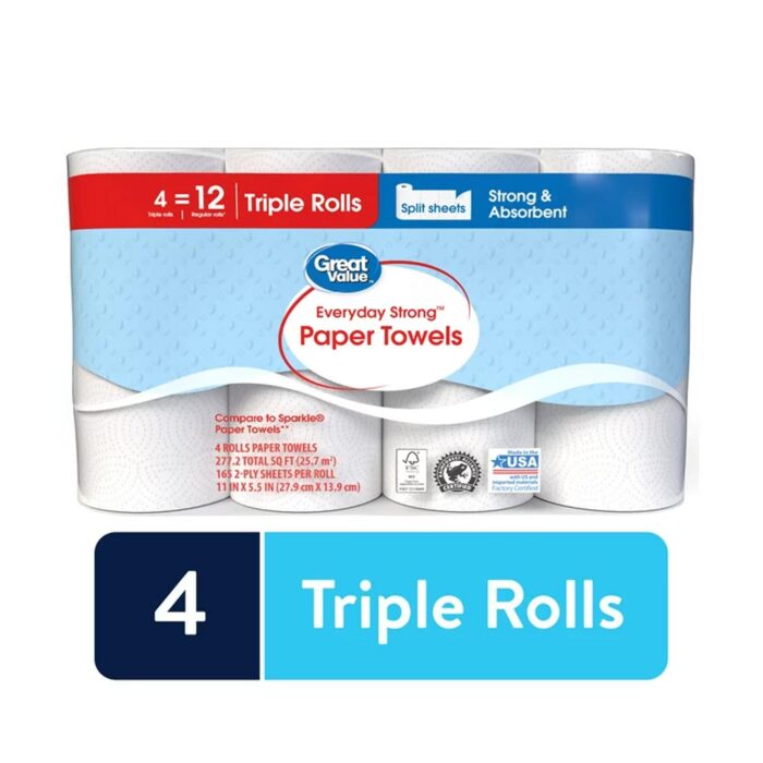 Great Value Everyday Strong Paper Towels, Split Sheets, 4 Triple Rolls