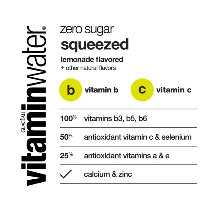 Vitaminwater zero sugar squeezed electrolyte enhanced water, lemonade, 16.9 fl oz, 6 count bottles - Image 3